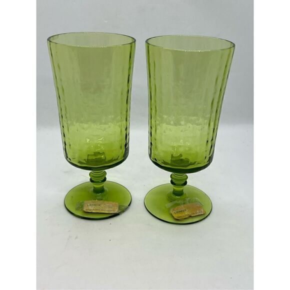 Vintage Lenox Handblown Set Of 2  Green Wine Glasses Lead  Crystal Made in USA - Picture 9 of 9